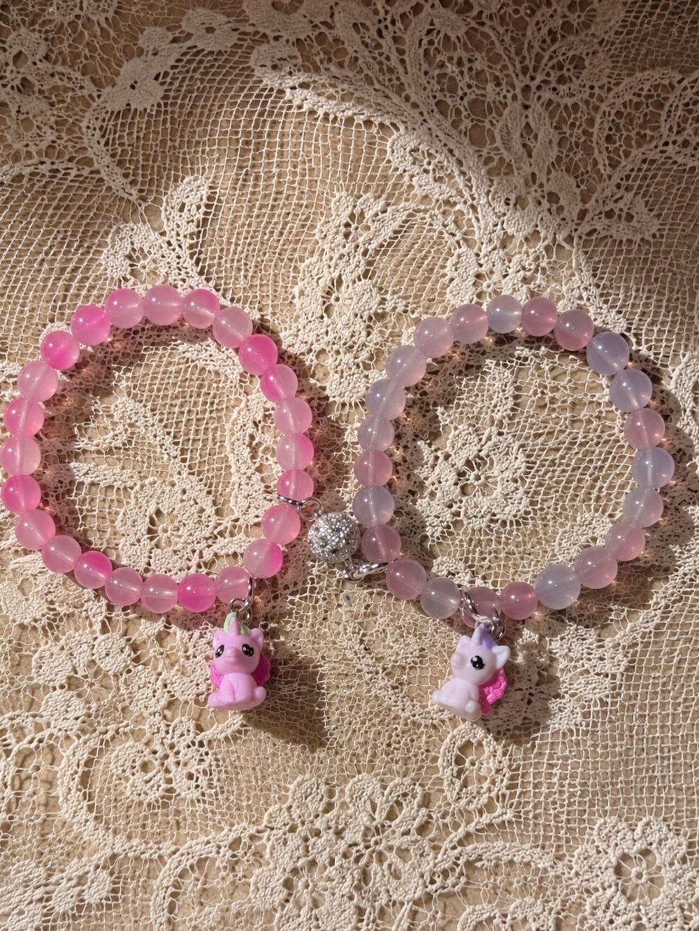 Cute Pink Beaded Best Friend Stretch Bracelets with Unicorn Charms